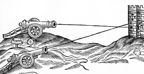 Illustration af Cannon Fire in The Art of Gunnery af Thomas Smith (fl.1600-27), 1628