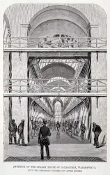 Interiør af Surrey House of Correction, Wandsworth, med fangerne på vej ud efter middagen, fra "The Criminal Prisons of London and Scenes of Prison Life" af Henry Mayhew (1812-87) og John Binny