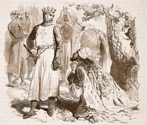 Isaac af Cypern beder om løsladelse af sin datter, illustration fra Cassells Illustrated History of England (sepiafoto)