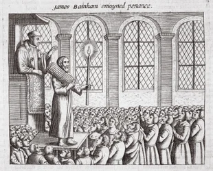 James Bainham nød bod, illustration fra Acts and Monuments af John Foxe, niende udgave, pub. 1684