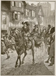 James kommer ind i Dublin efter slaget ved Boyne, illustration fra Cassells Illustrated History of England (sepia foto)