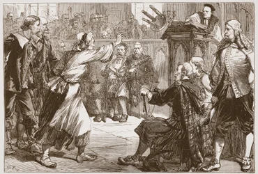 Janet Geddes kaster sin skammel mod dekanen i Edinburgh, illustration fra The History of Protestantism af James Aitken Wylie (1808-1890), pub. 1878