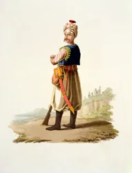 Janitshar, fra De forskellige nationers dragter, bind VII, Tyrkiets militærdragt, af Thomas MacLean, udgivet ca. 1800-18