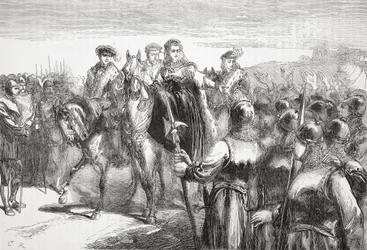 Jeanne DAlbret, dronning af Navarra, taler til huguenotsoldaterne, illustration fra The History of Protestantism af James Aitken Wylie (1808-1890), pub. 1878