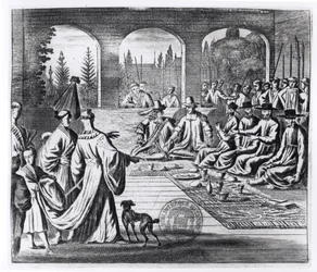 Jesuitter med hollandske og portugisiske købmænd ved den japanske kejsers hof, illustration fra En mindeværdig ambassade til kejseren af Japan af Arnold Montanus, udgivet i London 1670