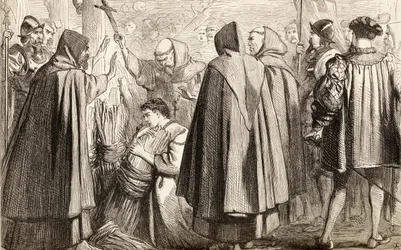 John Frith ved at blive brændt på bålet for kætteri i 1533, ca. 1865 (træstik)