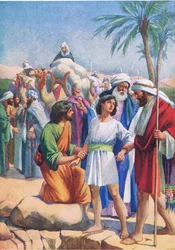 Josef solgt af sine brødre, fra The Bible Picture Book udgivet af Thomas Nelson, ca.1950