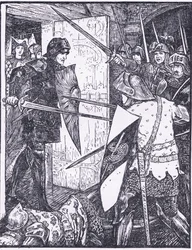 Lancelot kommer ud af Gueneveres værelse, illustration fra 