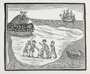 Landing of Mutinous Crew on Island, illustration fra Chap-books of the Eighteenth Century af John Ashton, pub. 1882