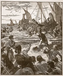 Romernes landgang på Kents kyst, illustration fra Cassells Illustrated History of England (sepia foto)