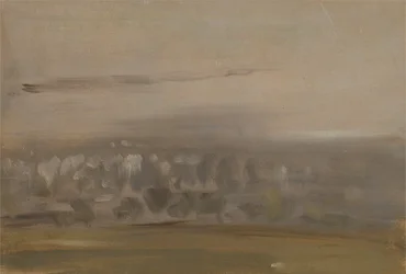 Landskab med træer på en skråning (Skovklædt dal, set gennem tåge) tidligere tilskrevet J.M.W. Turner (1775-1851) og også tilskrevet Peter de Wint (1784-1849) (olie på papir)