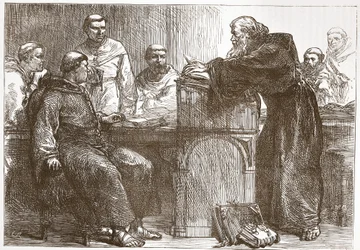 Lefevre holder foredrag på Sorbonne, illustration fra The History of Protestantism af James Aitken Wylie (1808-1890), pub. 1878