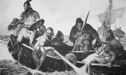 Leif Ericson opdager kysten af Vinland den Gode, sandsynligvis Newfoundland (gravering)