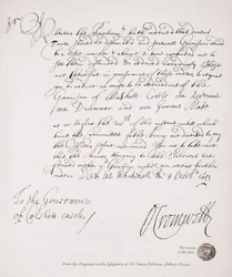 Brev til guvernøren i Calshot Castle fra Oliver Cromwell, 1651, faksimile fra originalen i Sir James Fellowes