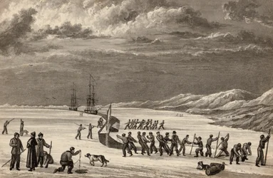 Løjtnant William Parrys første rejse: Besætningerne på H.M.S. Hecla og H.M.S. Griper skærer ind i Winter Harbour, ca. 1819