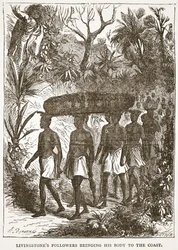 Livingstones tilhængere bringer hans krop til kysten, illustration fra The Pictorial Edition of the Life and Discoveries of David Livingstone af J. Ewing Richie, pub. af A. Fullarton & Co., 1876 (li