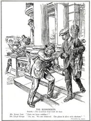 Lloyd George og Bonar Law på Coalition Golf Club, der er bange for Anti-Waste-ligaen, må give afkald på luksusen med caddies. december, 1920