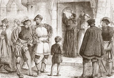 Luther sømmer sine teser til døren til Schloss-Kirk i Wittemberg, illustration fra The History of Protestantism af James Aitken Wylie (1808-1890), pub. 1878