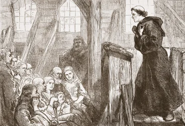 Luther prædiker i den gamle trækirke i Wittenberg, illustration fra The History of Protestantism af James Aitken Wylie (1808-1890), pub. 1878