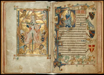 MS 242 f. 28v-29r Barmhjertighedens trone med lånere, Kristus velsignelse med en protektor, c.1314-30 (bladguld & tempera på pergament)