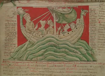 MS CCC 157 s.383 Synerne drømt af kong Henrik I i Normandiet i 1130, fra Worcester Chronicle, c.1130-40 (vellum) (detaljer fra 95507)