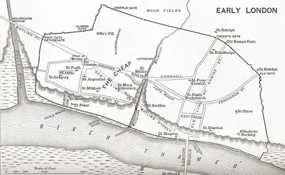 Kort over London i det 11. århundrede, fra "A Short History of the English People" af J. R. Green, udgivet i 1893