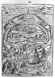 Kort over øen Utopia, bogfrontispice, 1563