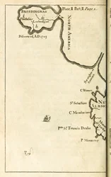 Kort, der viser placeringen af Brobdingnag fra første udgave af Travels into Several Remote Nations of the World bedre kendt som Gullivers Travels af Jonathan Swift