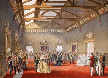 Marshalling af Brudens procession i den centrale hal i de midlertidige lejligheder, fra A Memorial of the Marriage of Edward VII and Alexandra of Denmark, pub. 1864