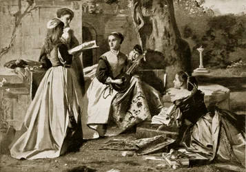 Mary Queen of Scots i en klosterhave, illustration fra Hutchinsons Story of the British Nation, ca. 1923