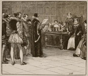 Mary Queen of Scots modtager antydning af sin undergang, illustration fra Cassells Illustrated History of England (sepia foto)