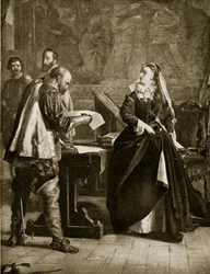 Mary Queen of Scots underskriver sin abdikation, juli 1567, illustration fra Hutchinsons Story of the British Nation, ca. 1923