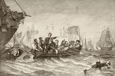 Mesterkommandant Oliver Hazard Perry overgår fra US Brig Lawrence til US Brig Niagra under slaget ved Lake Erie (litho)