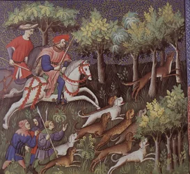 Middelalderlige aristokrater, der jager ræve (tempera på papir)