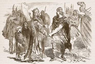 Møde mellem Edmund Ironside og Knud på Isle of Alney i Severn i 1016, illustration fra Cassells Illustrated History of England (sepiafoto)
