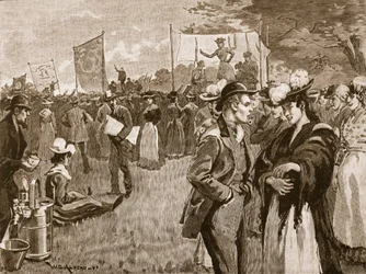 Møde mellem vaskekoner i Hyde Park, 1891, illustration fra Cassells Illustrated History of England (sepiafoto)