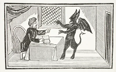 Mephistopheles kommer til Doctors house, illustration fra Chap-books of the Eighteenth Century af John Ashton, pub. 1882