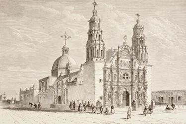 Metropolitan katedral i Plaza de Armas, Chihuahua, Mexico i det nittende århundrede (litho)