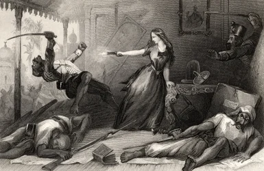 Miss Wheeler forsvarer sig mod sepoyer i Cawnpore i 1857, fra 