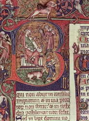 Mms 9961-2 Historiated Initial B fra Peterborough Psalter, der viser kong David, der spiller på harpe, engelsk, (ca. 1310-20)