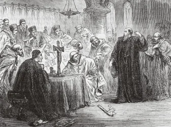 Mollio kaster sin fakkel ned før inkvisitionen, illustration fra The History of Protestantism af James Aitken Wylie (1808-1890), pub. 1878