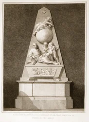 Monument rejst til minde om Sir Isaac Newton i Westminster Abbey, illustration fra David Humes The History of England, pub. af R. Bowyer, London, 1812