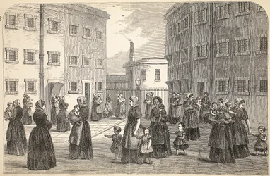 Mødre, med deres børn, træner i Tothill Fields Prison, illustration fra The Criminal Prisons of London og Scenes from Prison Life af Henry Mayhew og John Binny, pub. 1862