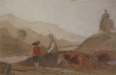 Bjerglandskab med skikkelse ved en sø (En mand siddende ved en sø midt i bjerge), tidligere tilskrevet J.M.W. Turner (1775-1851) og også tilskrevet Peter de Wint (1784-1849), 1825-30 (olie