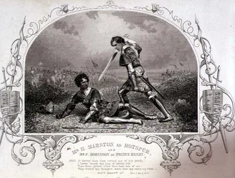 Mr. H. Marston som Hotspur og Mr. F. Robinson som Prince Henry, Act V Scene 4 fra Henry IV (Del I) fra en daguerrotypi af Paine of Islington, pub. af John Tallis & Co. (litho)