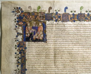 Ms.29410 Historikert initial R, der viser mindre kanoner af St. Pauls Cathedral, detaljer fra Royal Charter of Incorporation