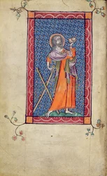Ms 1-2005, f.1v: St. Andrew, miniature fra Macclesfield Psalter, Use of Sarum, East Anglia, ca. 1330