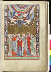 Ms Hunter 229 f.14r The Ascension, fra Hunterian Psalter, c.1170 (pen & blæk og tempera på vellum)