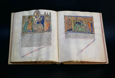 Ms L.A. 139-Lisboa fol.37 v-38 Dyret, der spotter Guds navn, og folket, der tilbeder det 3. og 2. dyr, fra Gulbenkian Apocalypse, ca. 1265-70