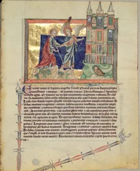 Ms L.A. 139-Lisboa fol.74 En engel, der viser det nye Jerusalem til St. John the Evangelist, fra Gubenkian Apocalypse, ca. 1265-70